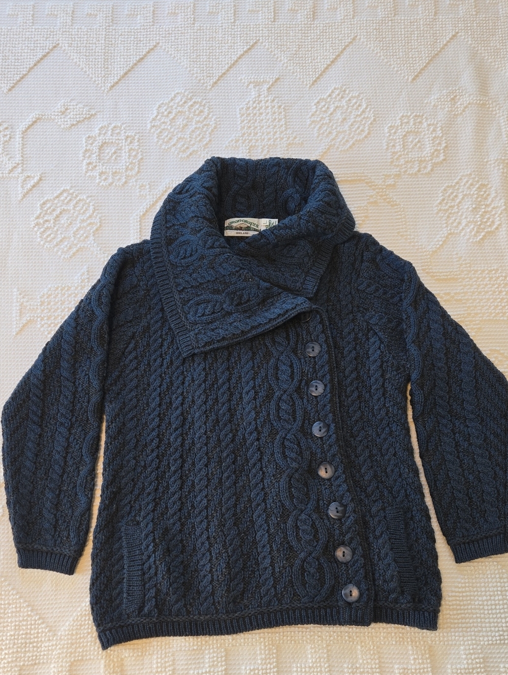Aran Crafts Ireland 100% Merino Wool Asymmetrical Button Sweater Size L